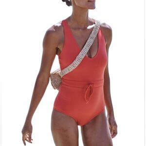 Garnet Hill Active Tie-Waist Coral One-Piece Swimsuit